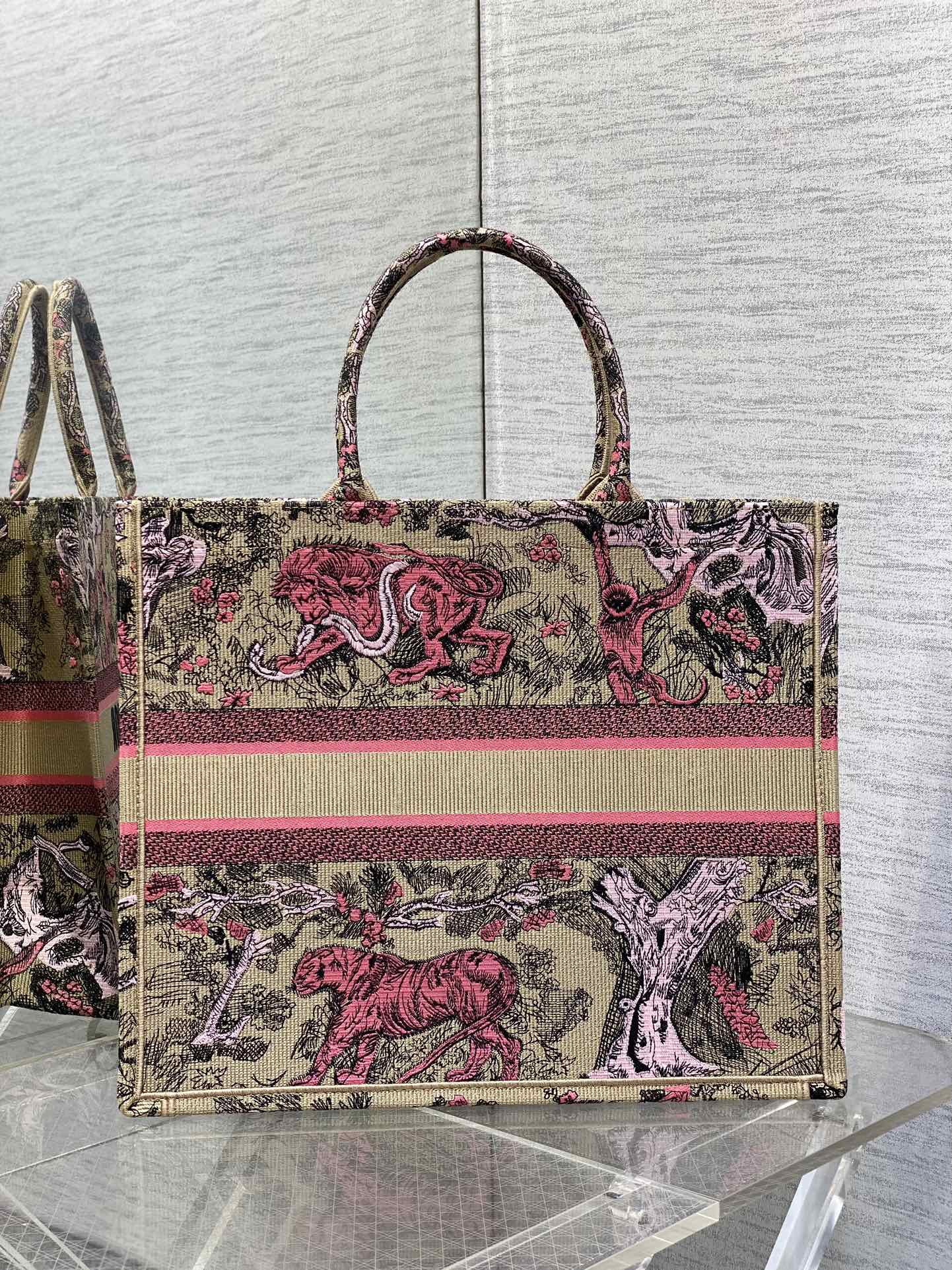 Large Dior Book Tote Bag Raffa with Candy Pink Toile de Jouy Sauvage Embroidery